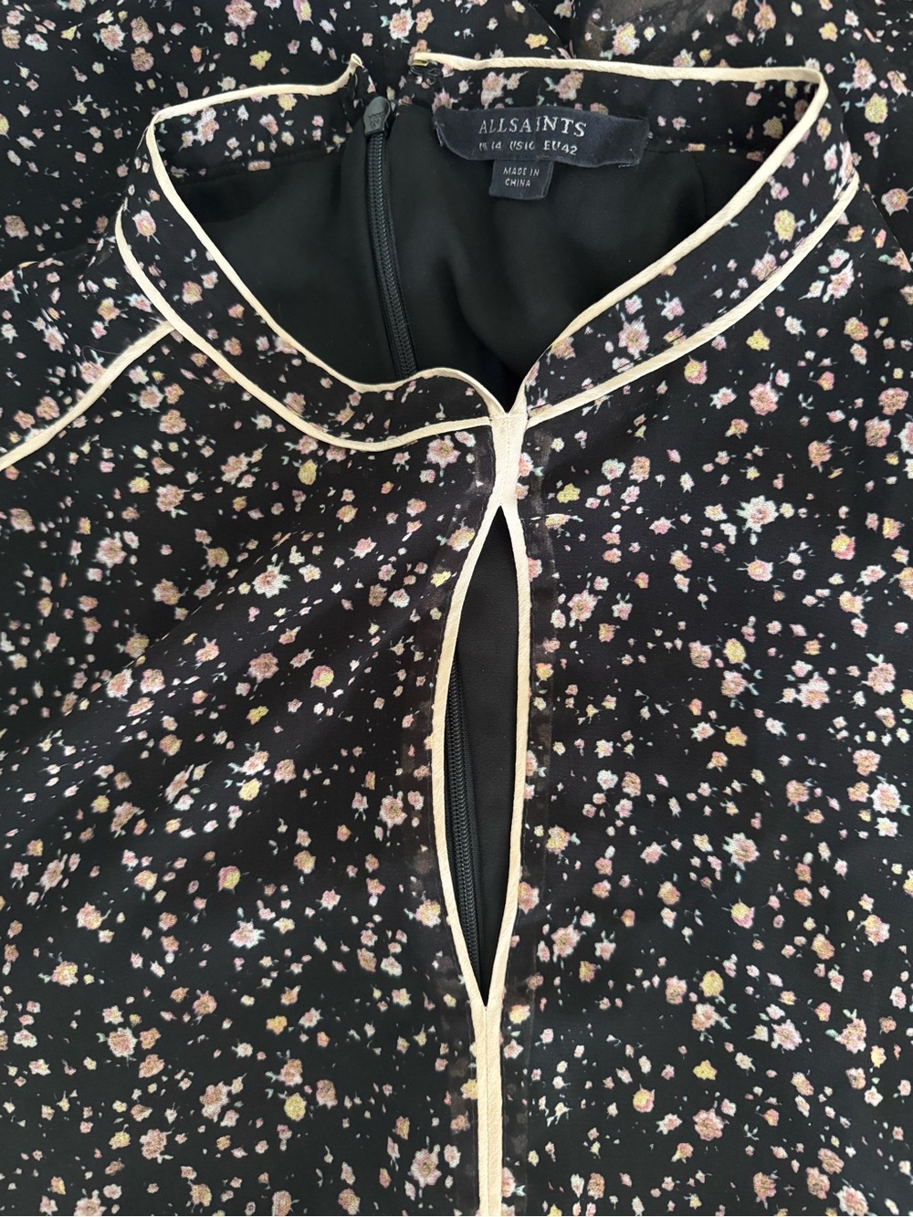 AllSaints Kay Pepper Dress US 10 Black Floral Long Sleeve Mini Sheer Ruffle Hem - Picture 8 of 8